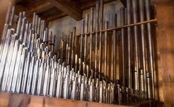 Das Bild zeigt viele in einer Reihe aufgestellter Orgelflöten.